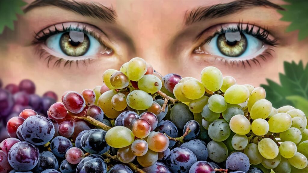 Nahaufnahme klarer, grüner Augen umgeben von einer Vielfalt reifer Weintrauben in grün und rot, symbolisch für die positive Wirkung von OPC auf die Augengesundheit.