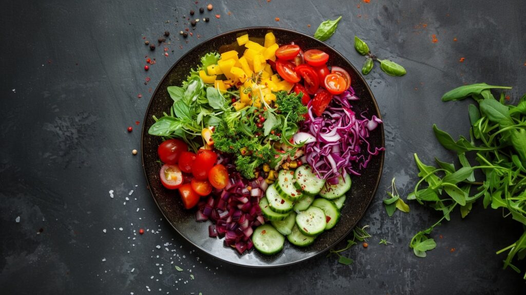 Ein bunter Gemüsesalat mit einer Vielzahl an frischen Zutaten wie Tomaten, Gurken, Paprika, Rotkohl und Rucola, auf einem dunklen Hintergrund. Dieses Bild betont die Bedeutung von Ernährung für die Augengesundheit.