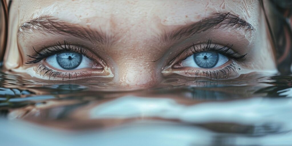 Close-up of a woman's blue grey eyes emerging from water, with water droplets on her face.