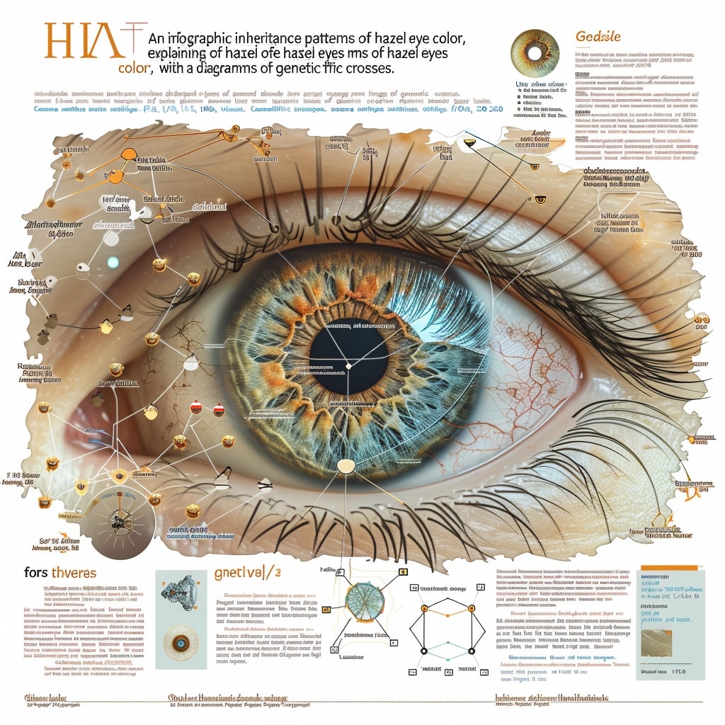 Infographic explaining the inheritance patterns of hazel eye color, featuring a detailed close-up of a hazel eye.