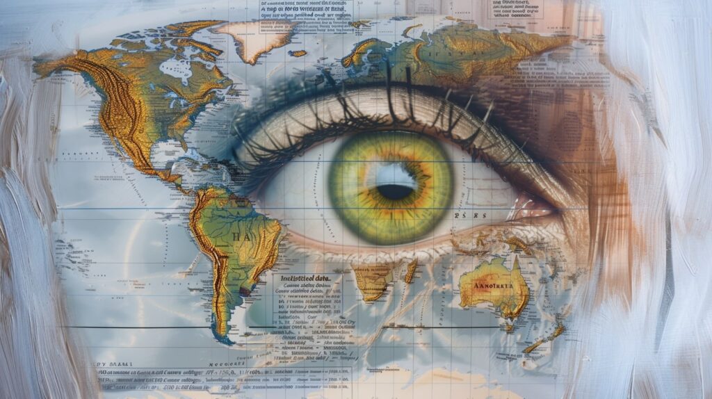 Macro shot of hazel eyes overlaid on a world map background.