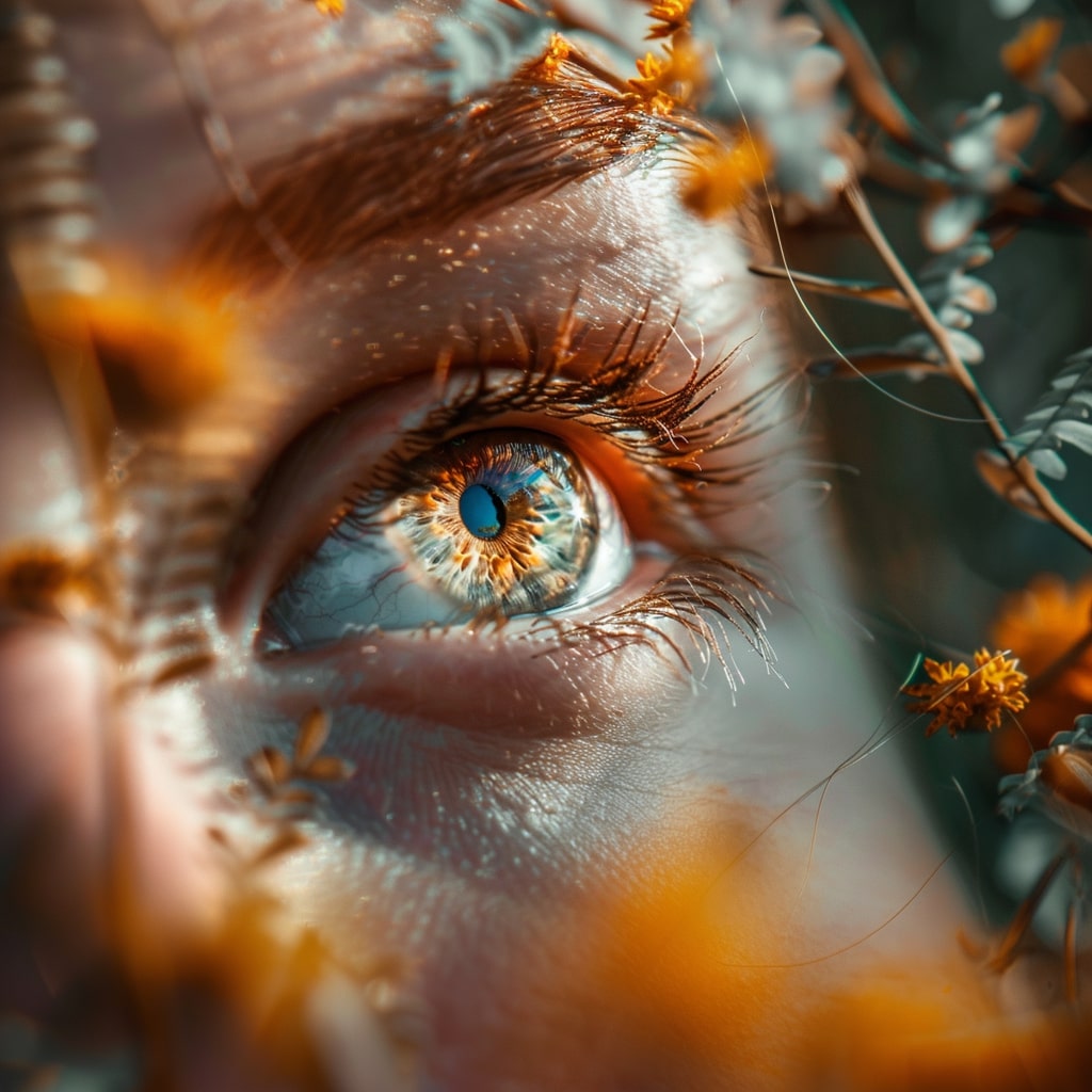 Close-up of a woman's brown eye illuminated by sunlight, surrounded by vibrant flowers.