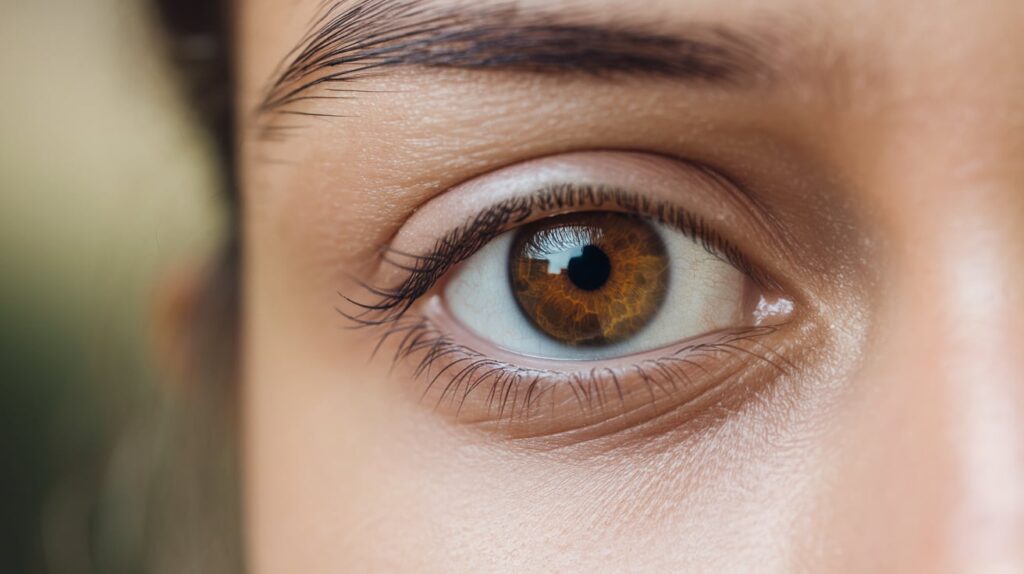 Close-up of a brown eye with detailed iris structure, promoting eye health awareness and care.