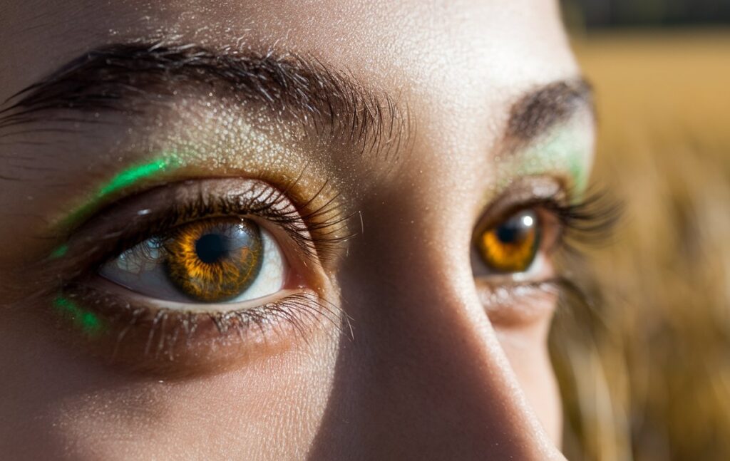 A close-up of dark hazel eyes shining in sunlight with hints of green reflections on the eyelids.