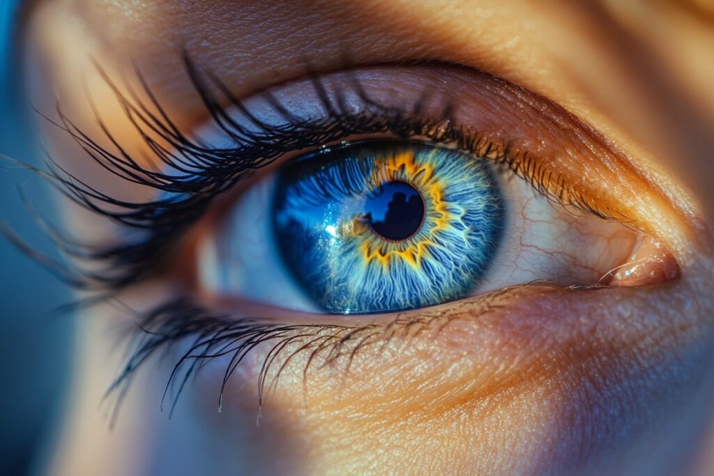 Eine Nahaufnahme eines Auges mit intensiven blauen und gelben Farbtönen in der Iris, umgeben von feinen Wimpern und Lichtreflexionen.