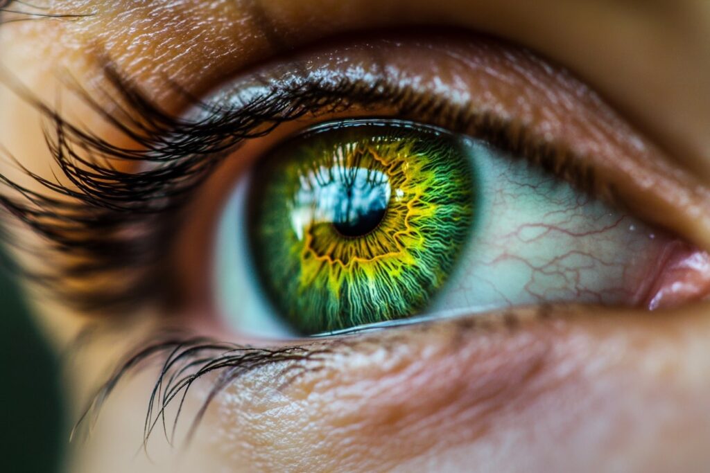 Close-up of a green eye with vivid yellow and green hues in the iris