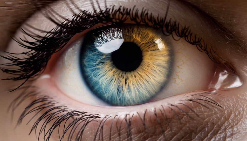 Extreme close-up of an eye with central heterochromia, displaying a striking mix of blue and yellow around the pupil.