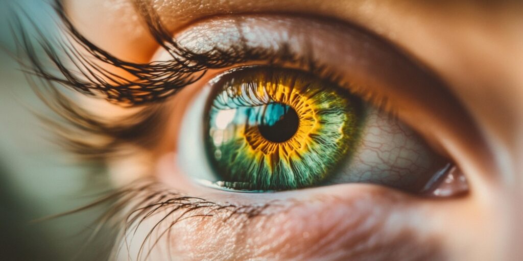 Close-up of a green eye with golden rings around the iris, showcasing natural beauty.