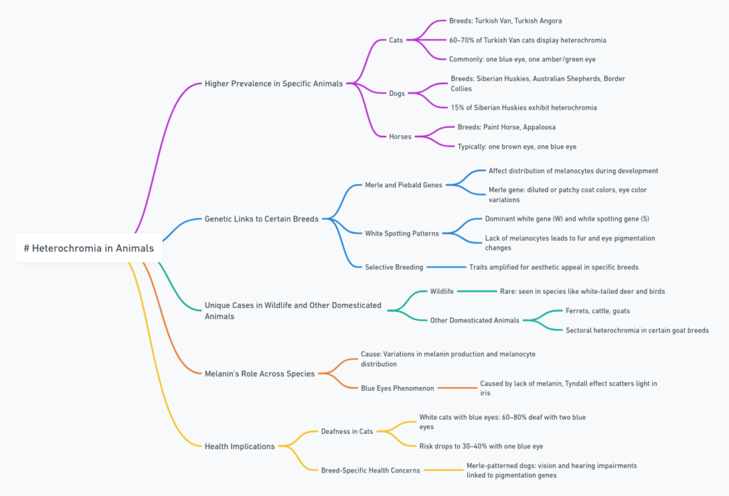 Mind map about heterochromia in animals, highlighting its prevalence in specific breeds, genetic factors, unique cases in wildlife, melanin's role, and health implications.