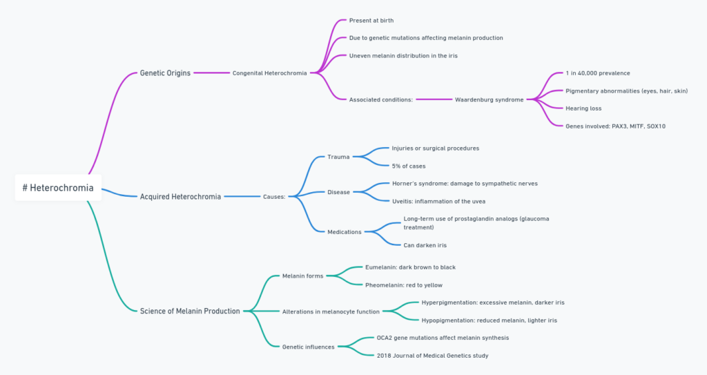 Mind map explaining heterochromia, its genetic origins, acquired causes, and the science of melanin production, with key terms like congenital heterochromia, Waardenburg syndrome, trauma, and melanin types.