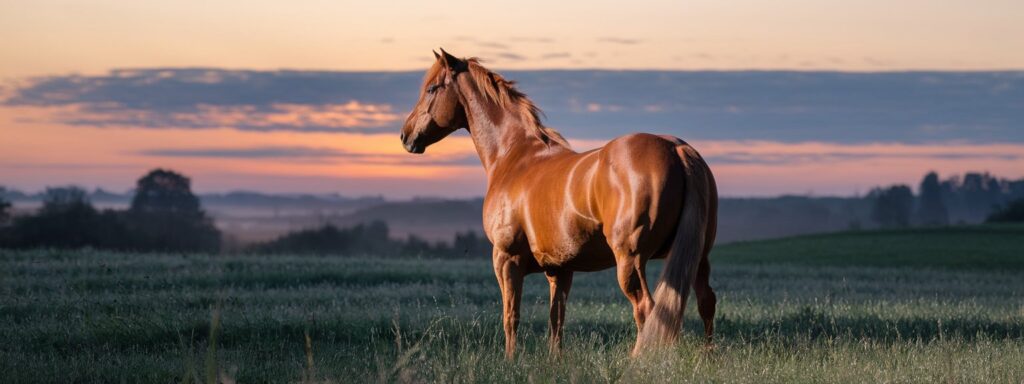 A chestnut horse standing in a green meadow at sunrise, with a colorful sky and distant trees in the background.